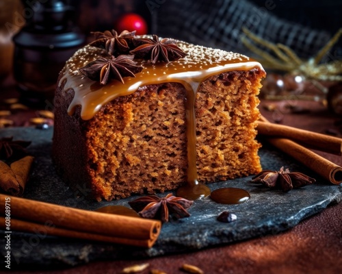 slice of gingerbread cake with molasses glaze on top, surrounded by various spices like cinnamon and ginger
