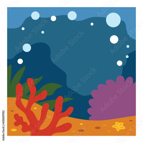 Underwater sea background. Cartoon ocean floor with seaweeds and corals. Sea bottom landscape. Tropical marine life