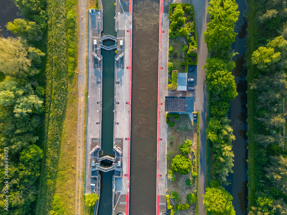 DUFFEL, LIER, BELGIUM, May 31, 2023, Aerial view or top down view of the River lock between Nete Channel and Nete River, showing the lock or sluis from above. High quality photo