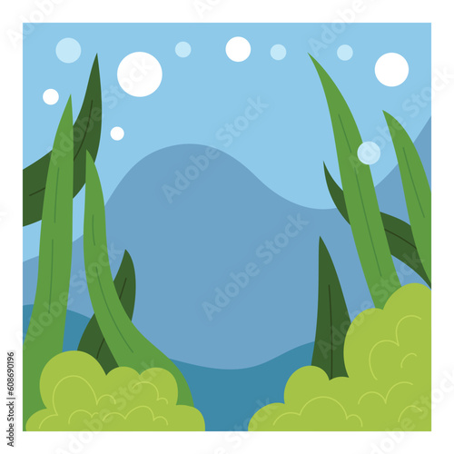 Underwater sea background. Cartoon ocean floor with seaweeds. Sea bottom landscape.