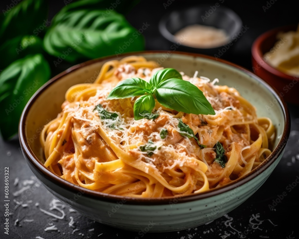 bowl of creamy pasta sauce with fresh basil leaves sprinkled on top, surrounded by a plate of cooked pasta and grated cheese