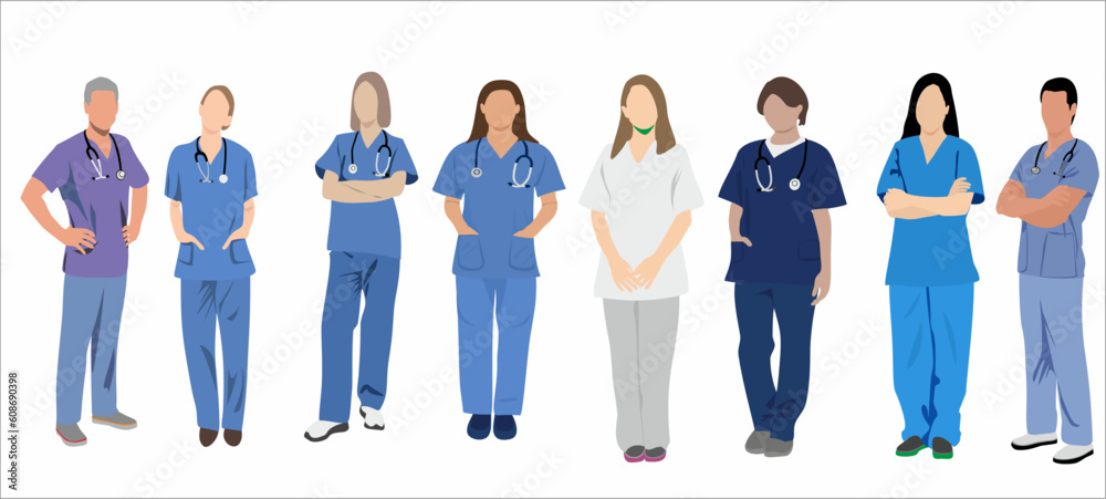 Obraz premium Set of vector illustrations of a woman, man doctor and nurses. Family doctors. Health care concept. Vector illustration in flat cartoon style. 