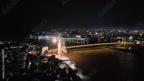 Ariel View Of Rishikesh ram jula in diwali hindu festival in ganga ghat night view