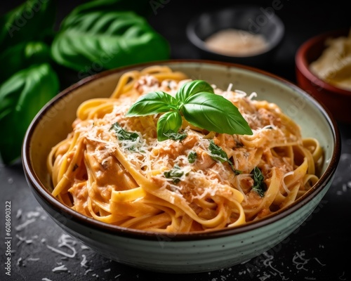 bowl of creamy pasta sauce with fresh basil leaves sprinkled on top, surrounded by a plate of cooked pasta and grated cheese