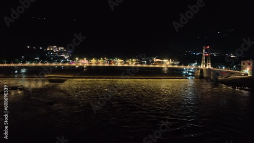 Drone slide the Rishikesh under the bridge in ganga river
