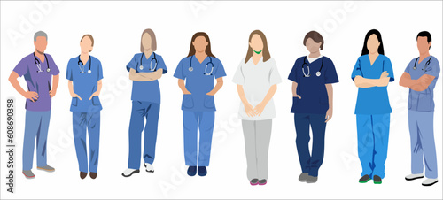 Set of vector illustrations of a woman, man doctor and nurses. Family doctors. Health care concept. Vector illustration in flat cartoon style.	