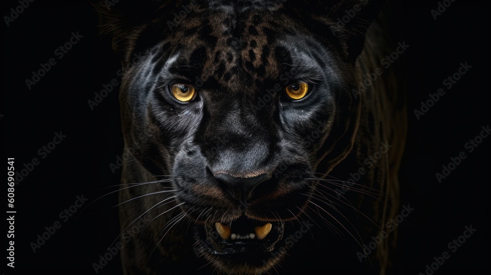 Front view of a panther on a black background. Wild animals banner. Generated using Generative AI. Front view of a panther on a black background. Wild animals banner. Generated using Generative AI.