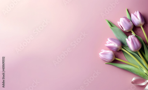 Bouquet of pink tulips on a pink background with copy space