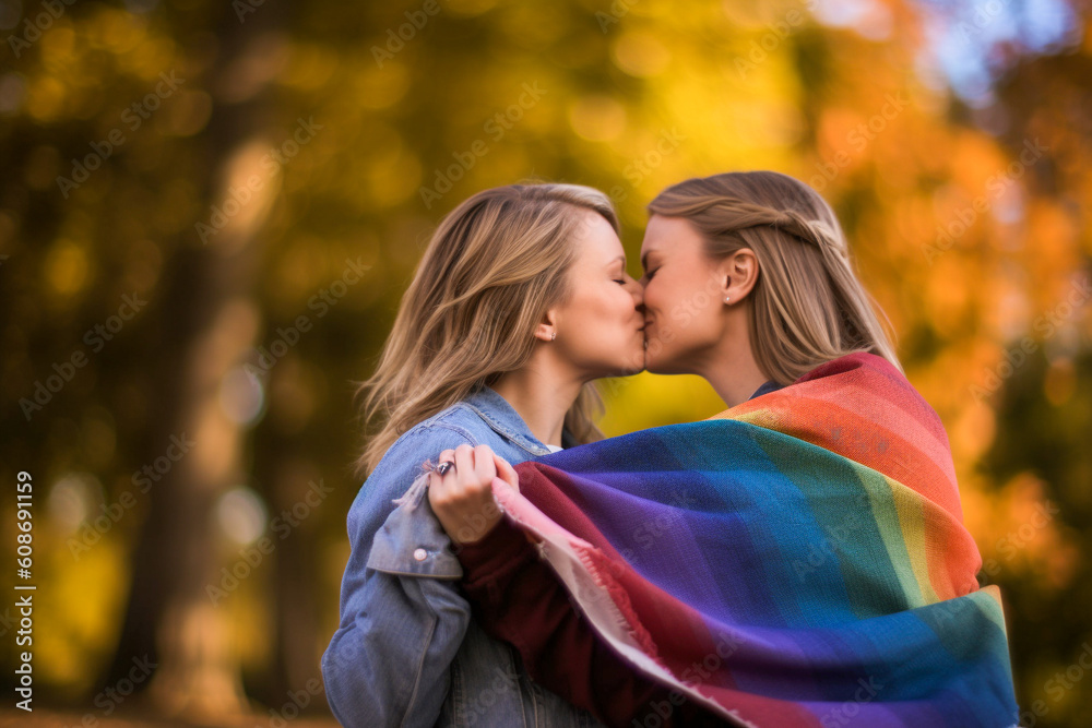 Fototapeta premium Brunette lesbian couple created with Generative AI technology