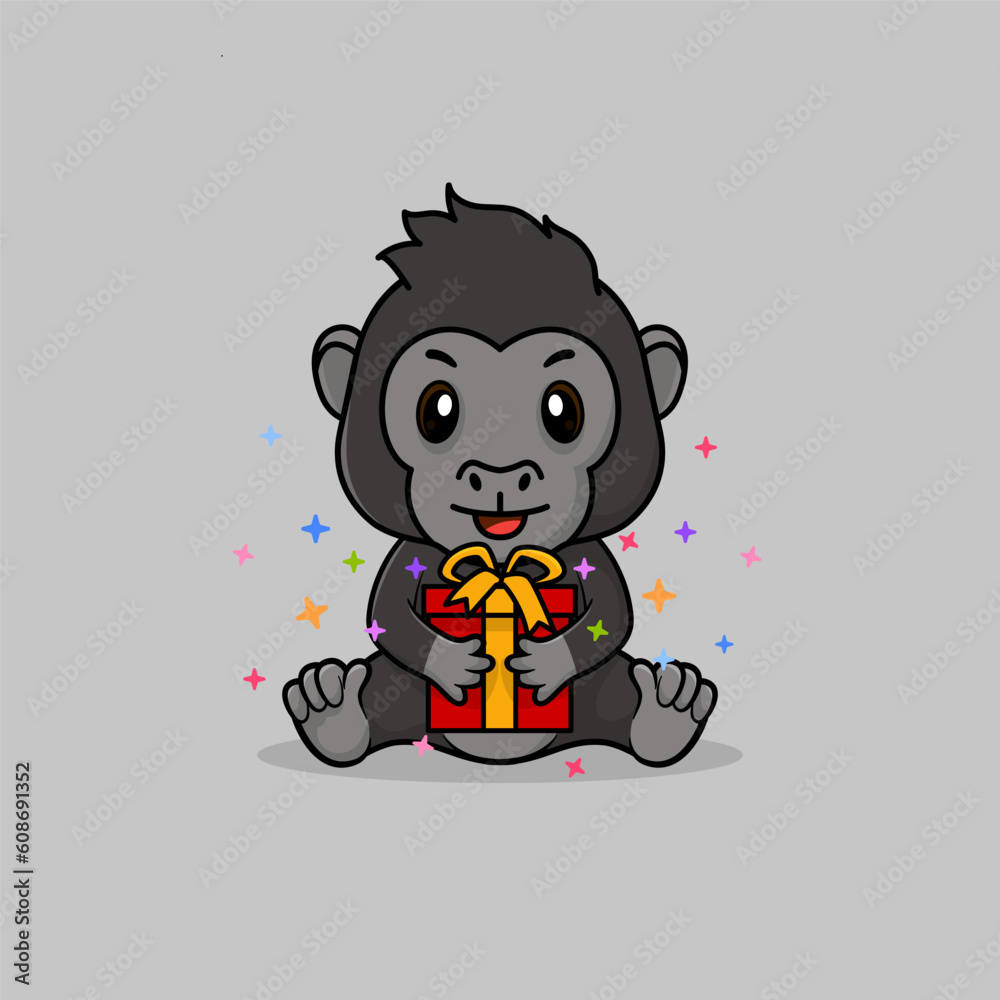 Vector cute baby gorilla cartoon happy holding gift flat icon illustration. Flat bear vector illustration, flat icon sticker isolated.