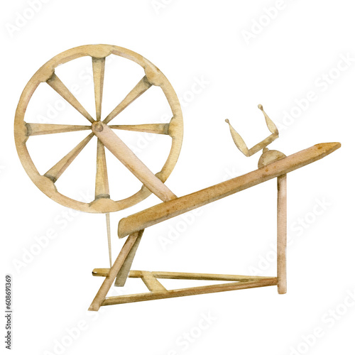 Foto Hand drawn watercolor wooden spinning wheel and spindle for hobby, handmade fabric thread