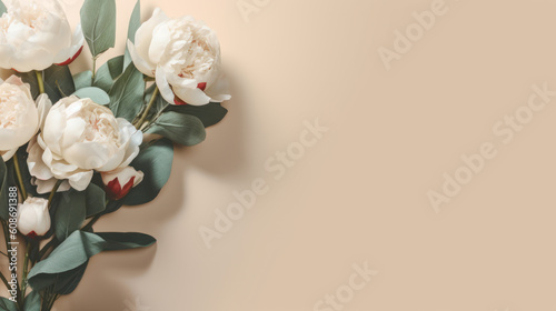 Fototapeta Naklejka Na Ścianę i Meble -  bouquet of peonies and eucalyptus on a light background, created using AI tools