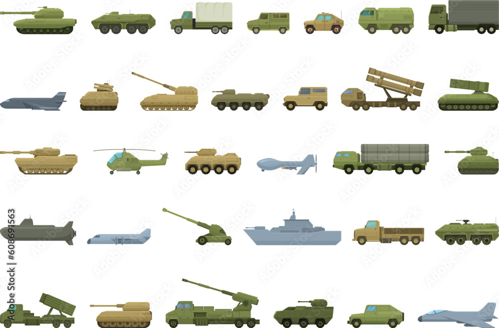Military vehicles icons set cartoon vector. War gun. Target metal Military vehicles icons set cartoon vector. War gun. Target metal