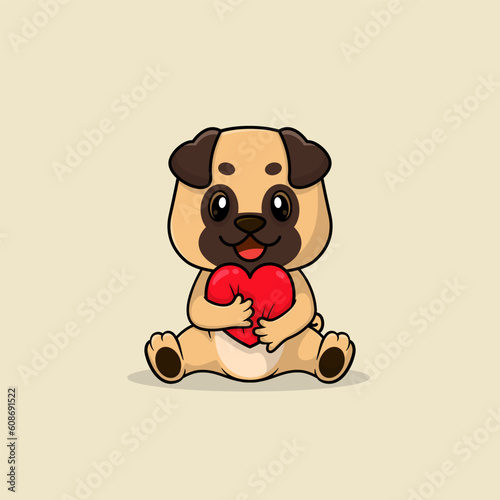 Vector cute baby pug dog cartoon happy holding gift flat icon illustration. Flat bear vector illustration  flat icon sticker isolated.