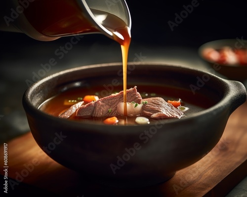An up-close image of beef broth being poured into a bowl, showcasing its rich, silky texture