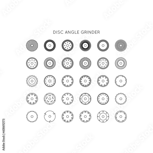 Diamond discs icons set. Discs for angle grinders. Cutting, metal, wood, concrete, granite, ceramics, asphalt, laminate.