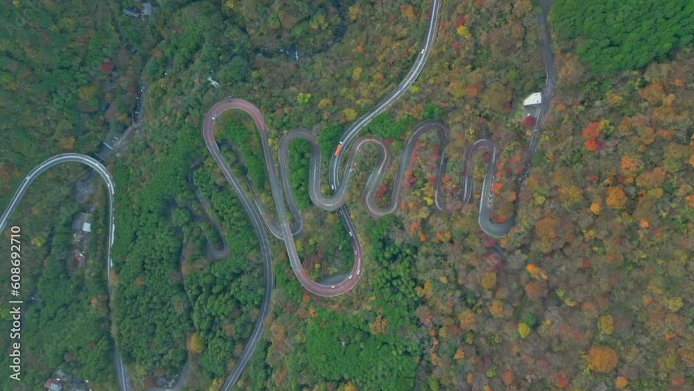 Vertical aerial view of Hakone road climbing on the mountain across the forest, Japan.