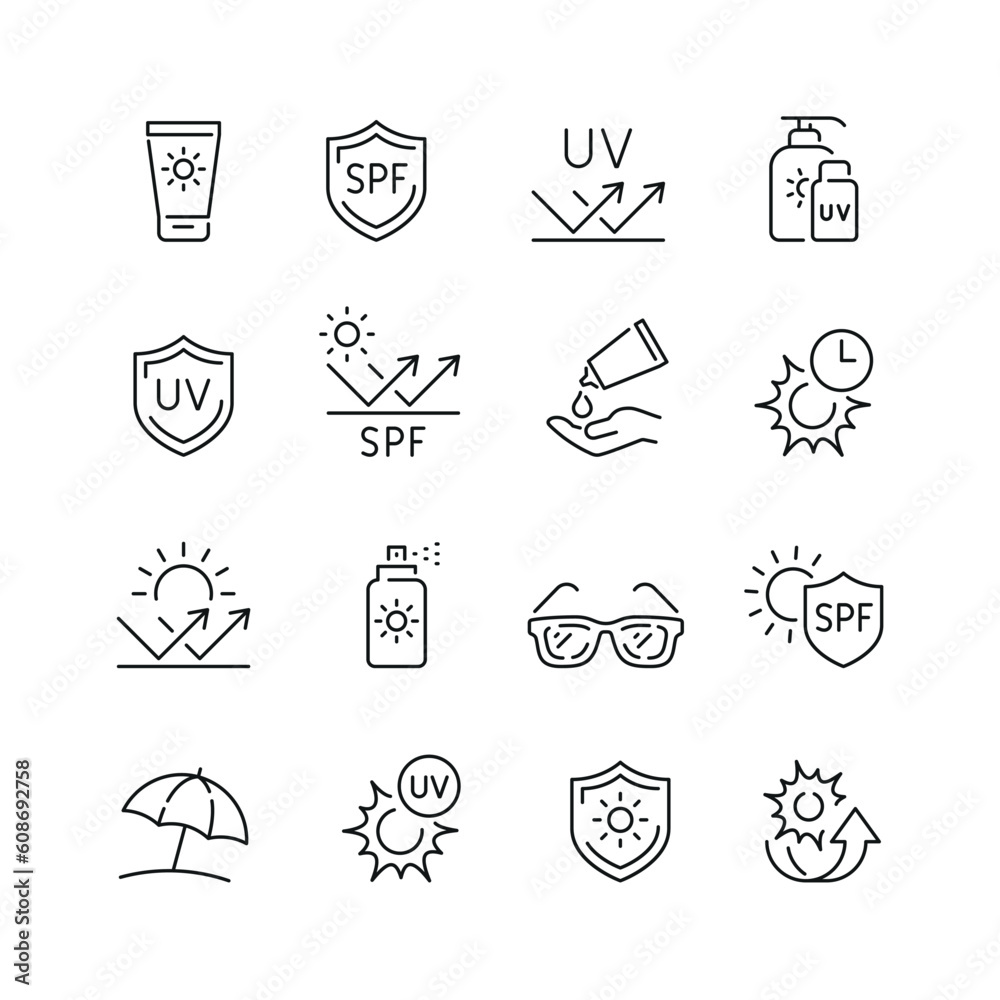 Vector line set of icons related with sun protection. Contains ...