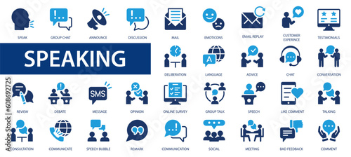 Speaking icons set. People and communication icons collection. Speech bubble, discussion, team, relationships, support, social.