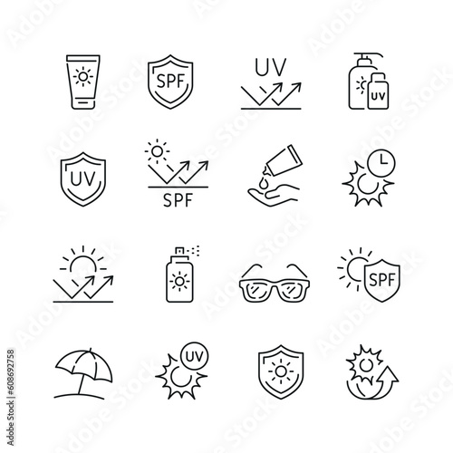 Vector line set of icons related with sun protection. Contains monochrome icons like sun, shield, sunscreen, cream, sunglass and more. Simple outline sign.