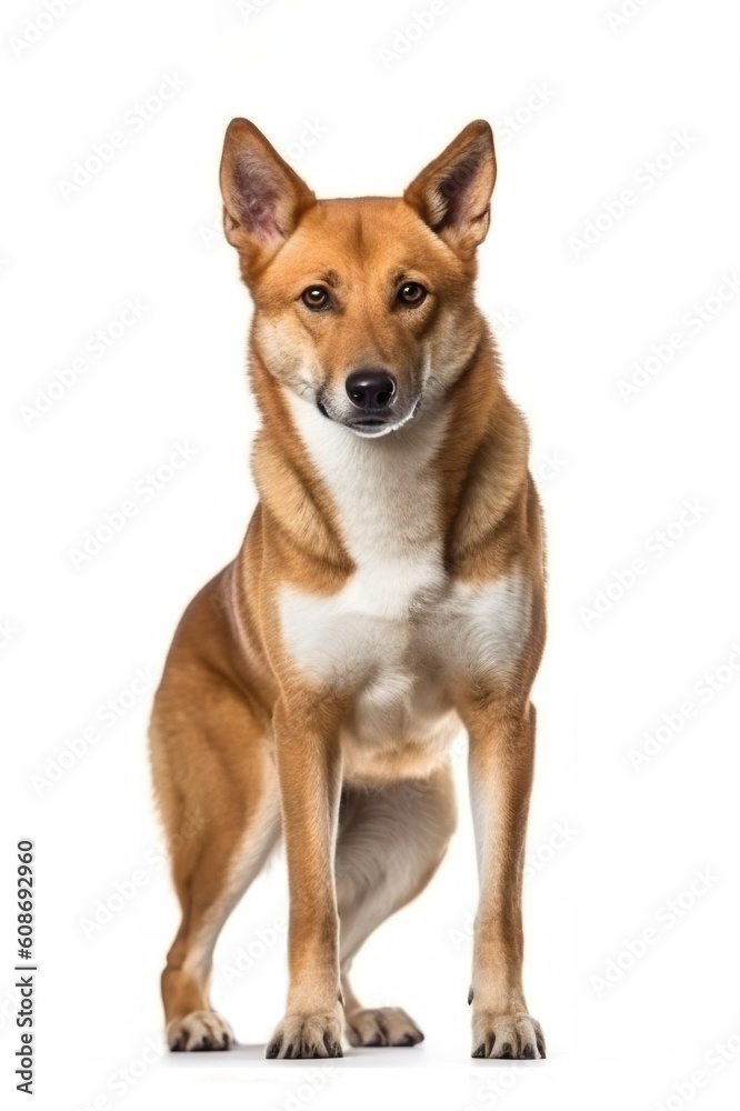 A brown and white dingo dog on a white surface. Generative AI.