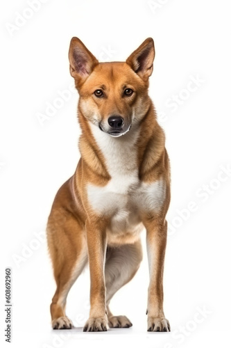A brown and white dingo dog on a white surface. Generative AI. © Friedbert