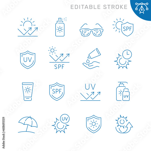 Vector line set of icons related with sun protection. Contains monochrome icons like sun, shield, sunscreen, cream, sunglass and more. Simple outline sign. Editable stroke.