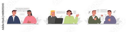 Discussion of vacancies. Recruiter conducts interview. Set of illustrations about work of HR department. Men and women are looking for work. List of questions during job interview