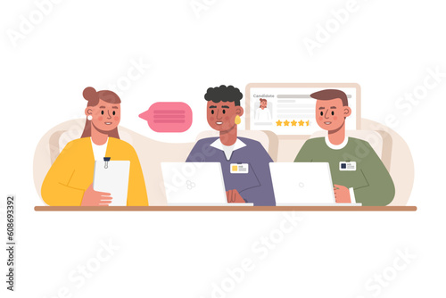 Panel interview for employment. Two recruiters are talking to job candidate. Employers read applicant resume. Survey in personnel department. Color vector illustration in flat style