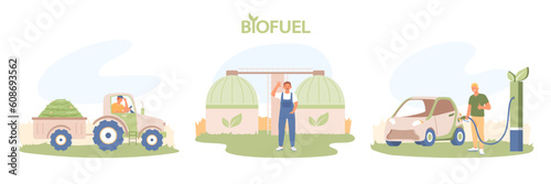 Set of illustration about biofuel. Using compost to produce green energy. Man carries plant residues, biomass to giant composters. Male character is charging electric car
