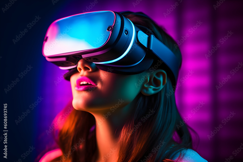 Future Technology Concept: Young Woman Engaging with VR Headset in Arcade