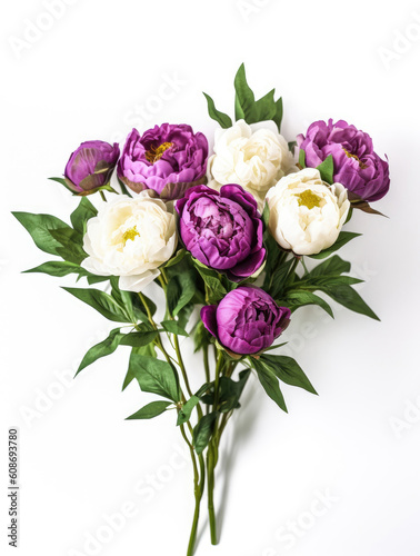 Bouquet of white and purple peonies on a white background
