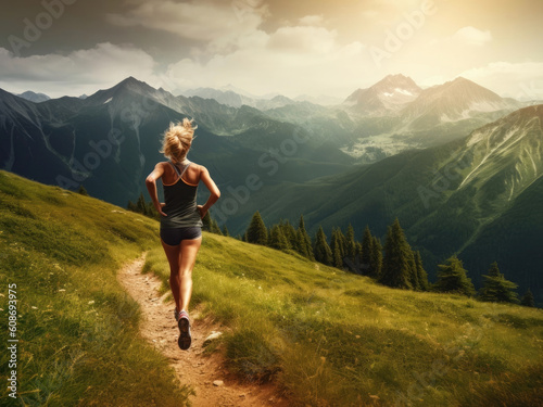 A beautiful athletic woman runs in a mountains area
