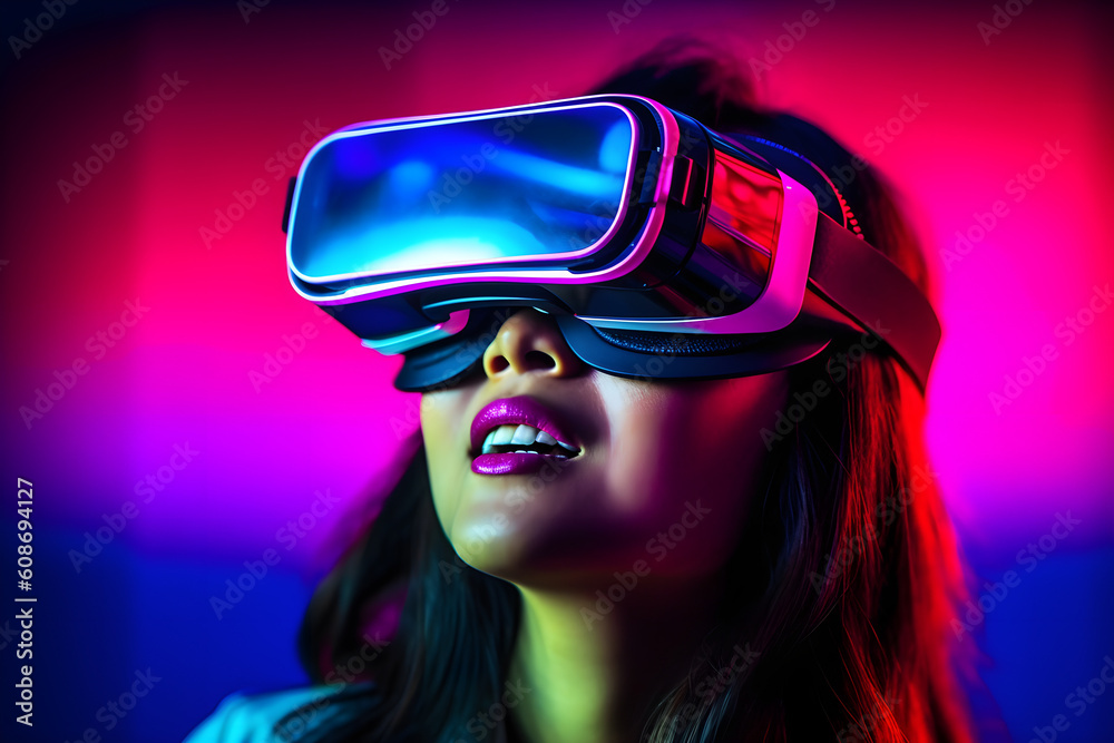 Virtual Reality Experience: Young Woman Immersed in Futuristic VR World Virtual Reality Experience: Young Woman Immersed in Futuristic VR World