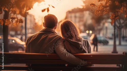 Young couple in love sitting on a bench against sunrise with a city view
