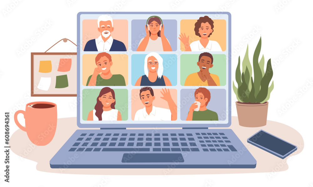 Online meeting, video conference with several participants. Collaborative work, group discussion via video call. Remote work. Vector characters greet each other during online communication Online meeting, video conference with several participants. Collaborative work, group discussion via video call. Remote work. Vector characters greet each other during online communication