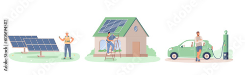 Set of illustrations about use of green energy. Man connects solar farm. Male vector character charging electric car. Person installs solar panel on roof of house