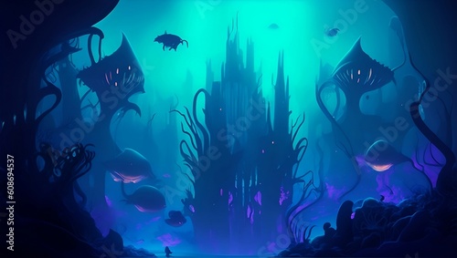 Underwater wolrd, hidden cave illustration. Vector Art Style. generative ai