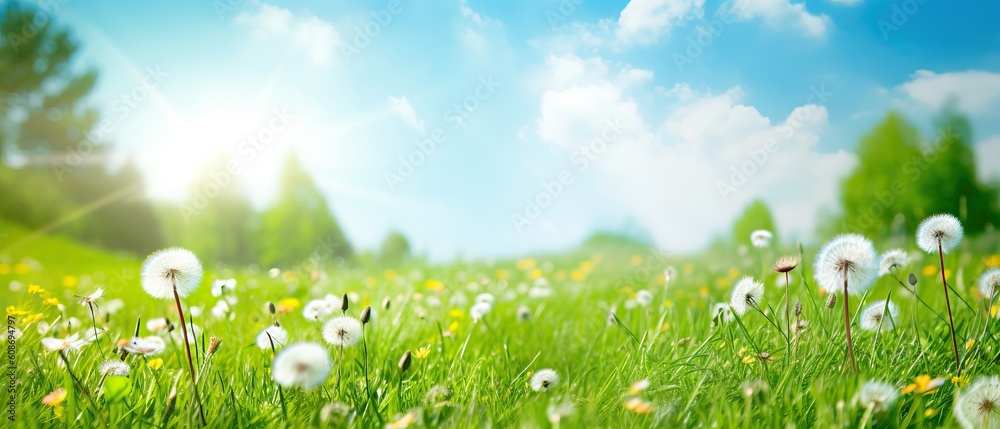 Beautiful bright natural image of fresh grass spring meadow with dandelions with blurred background and blue sky with clouds