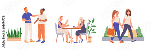 Set of vector illustrations about leisure activities of adults. Vector characters having good time with friends. Meetings in cafe, shopping together. Men have funny dialogue