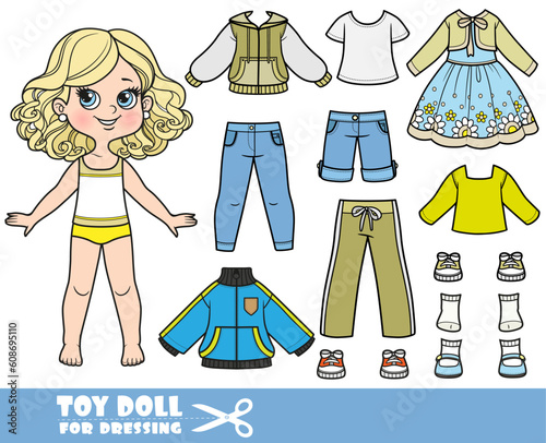 Cartoon blond girl  and clothes separately - sports jacket, shorts, jeans, elegant dress with a bolero, long sleeve,  t-shirt, sandals and sneakers doll for dressing