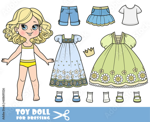 Cartoon blond girl  and clothes separately - skirt, shorts, T-shirt, sandals, socks, sundress, ball gown and crown doll for dressing