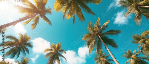 Beautiful natural tropical background with palm trees against a blue sky with clouds