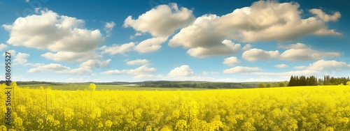 Beautiful panorama of a flowering rapeseed field Against the background of a blurred blue sky with clouds
