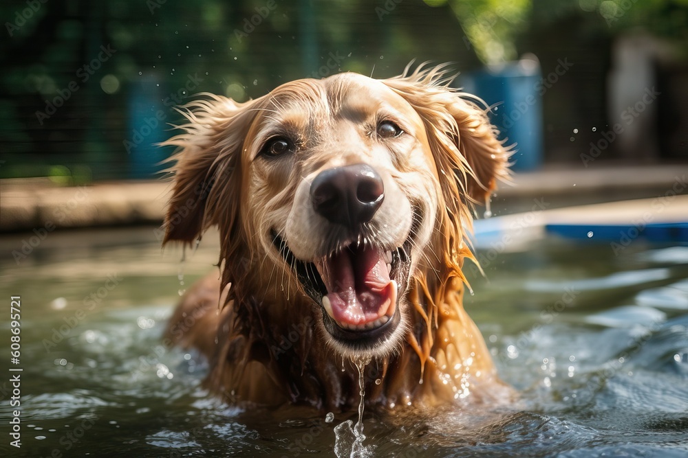 Canine Enjoying a Refreshing Swim in a Pool on a Sunny Day - Pet, Playful Dog, Summertime Fun Concept