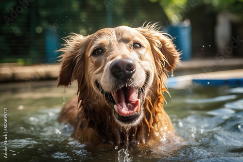 Canine Enjoying a Refreshing Swim in a Pool on a Sunny Day - Pet, Playful Dog, Summertime Fun Concept © thesweetsheep