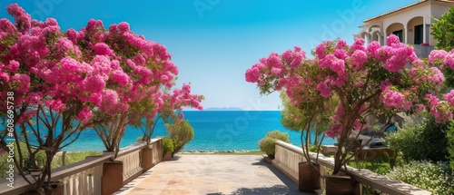 Beautiful resort promenade with blooming colorful oleanders against backdrop of Mediterranean Sea and blue sky. © Eli Berr