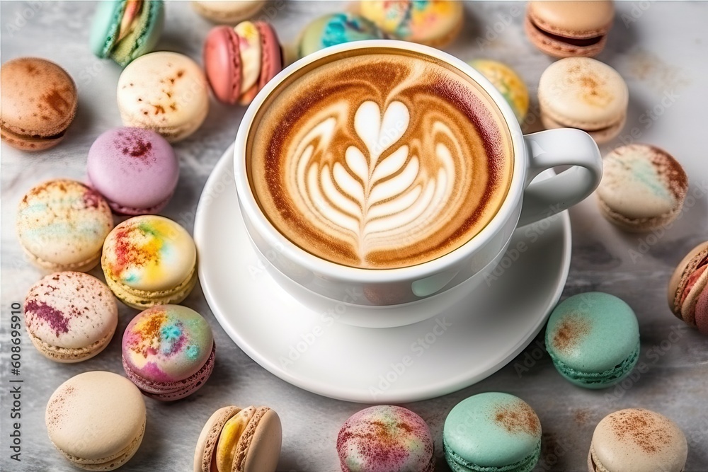 Latte Art Coffee Mug Featuring a Delightful Macaron Pastry - Coffee and Dessert Concept, Coffee Shop Aesthetics, Gourmet Coffee Drink, Cafe Delicacy Latte Art Coffee Mug Featuring a Delightful Macaron Pastry - Coffee and Dessert Concept, Coffee Shop Aesthetics, Gourmet Coffee Drink, Cafe Delicacy