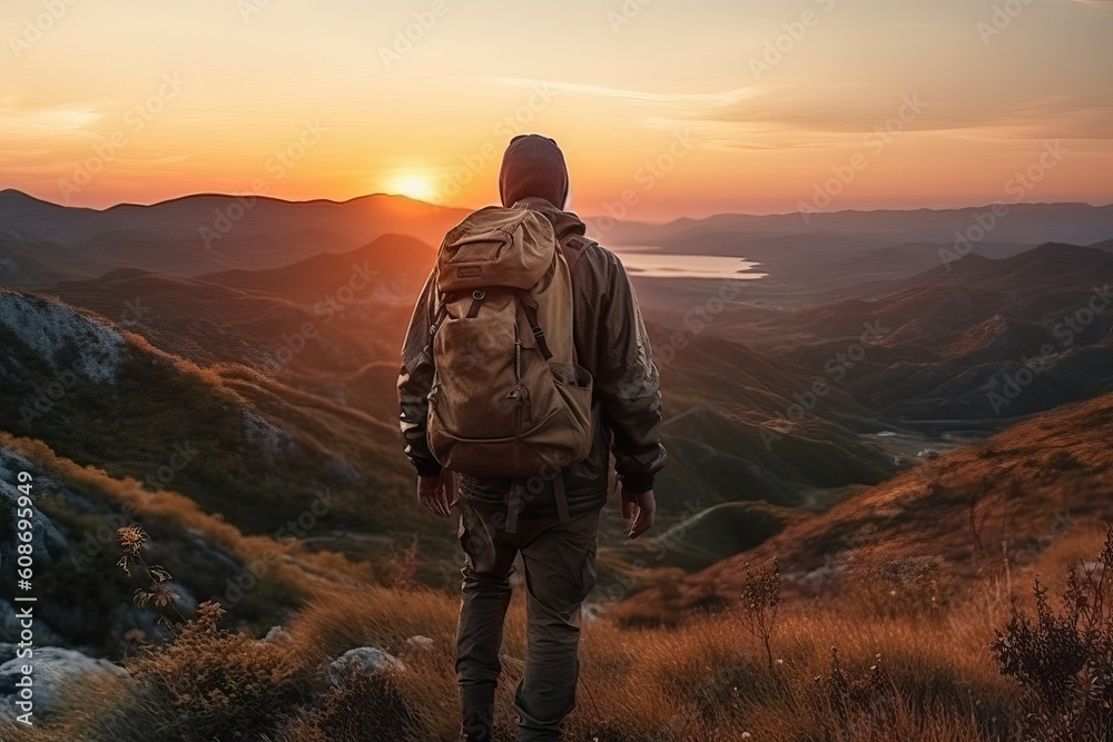 Man hiking at sunset mountain with heavy backpack Man hiking at sunset mountain with heavy backpack