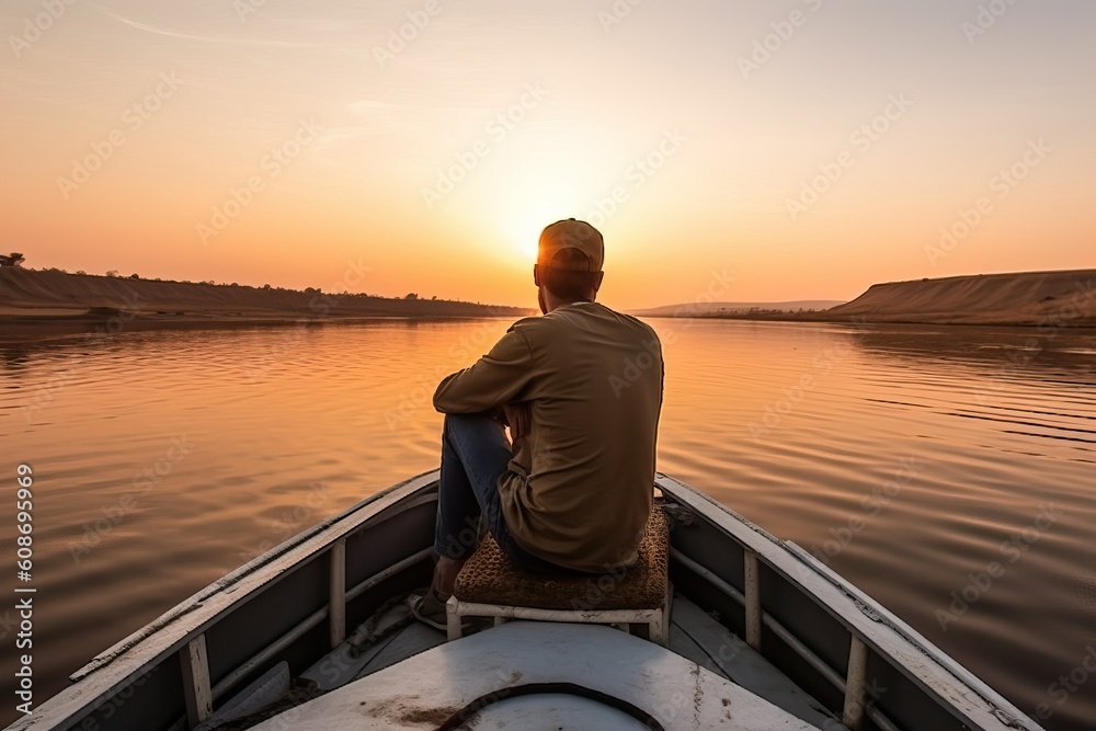 Male traveler sitting on edge of boat at sunset Male traveler sitting on edge of boat at sunset